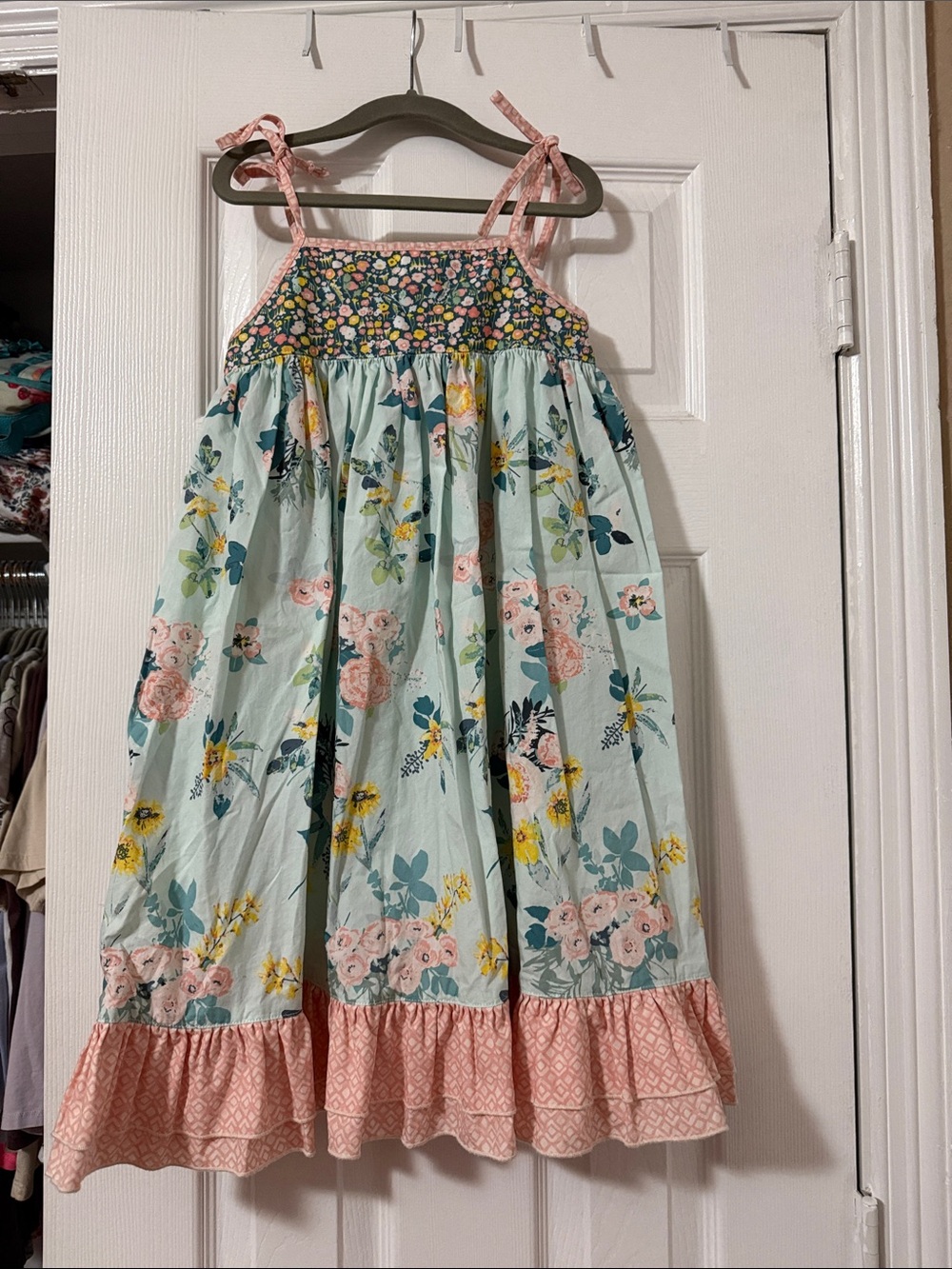 cheeky plum Mint Floral Smocked Sundress with Pink Trim